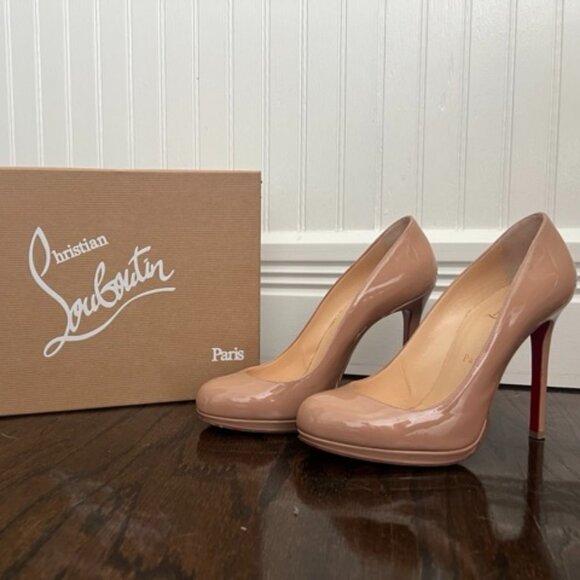 Christian Louboutin Shoes - Christian Louboutin Nude Patent Leather Platform Pumps with Red Soles